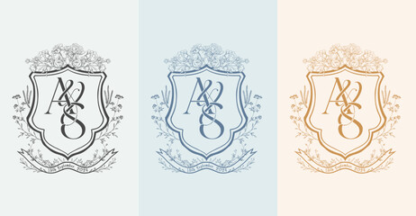 Elegant A and S initial letter wedding crest monogram logo. Floral crest design for wedding invitations vector illustration.