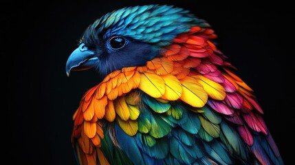 Obraz premium Stunning abstract beauty of a vibrant bird with colorful feathers on a dramatic black backdrop