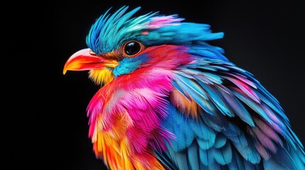 Stunning abstract beauty of a vibrant bird with colorful feathers on a dramatic black backdrop