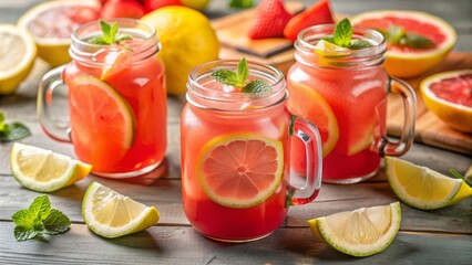 Refreshing Grapefruit Lemonade with Mint and Ice in Mason Jars, lemonade, summer drink, citrus fruit, mason jar