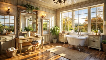 Rustic Bathroom with Freestanding Tub and Sunlit View, bathroom design , interior design , farmhouse style , bathtub