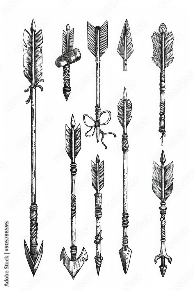 Poster A collection of arrows with bows attached, ready for use or display