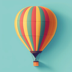 Naklejka premium Vibrant striped hot air balloon floating against a teal background, showcasing a simple and colorful design.