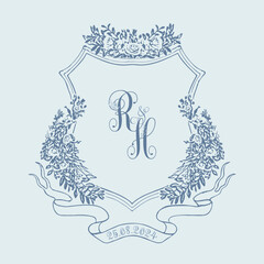 RH initial wedding monogram logo crest. Hand-drawn floral wedding crest outline vector illustration.