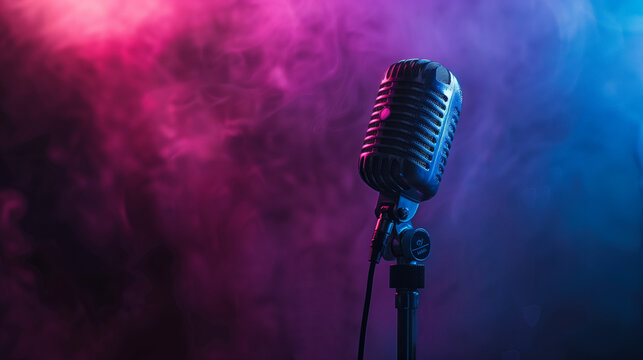 Vintage vocal microphone in dark on concert stage with pink and blue spotlights with copy space.
