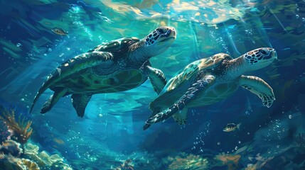 Fototapeta premium A pair of sea turtles swimming together in harmony, creating a beautiful underwater moment.