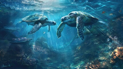 Fototapeta premium A pair of sea turtles swimming together in harmony, creating a beautiful underwater moment.