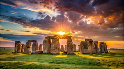 Stonehenge Sunrise A Golden Glow Through Ancient Stones, Stonehenge, England, sunrise, megalith , historical site , ancient monument
