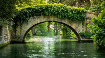 Fototapeta premium A quaint stone bridge covered in ivy, arching over a quiet canal.