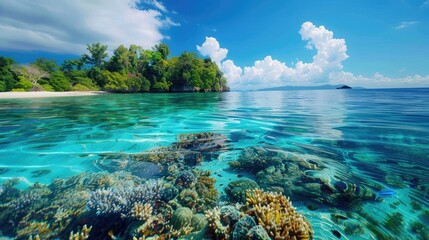 Naklejka premium A remote island with a pristine beach, clear waters, and colorful coral reefs.