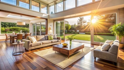 Fototapeta premium Sunlight Streaming Through Large Windows in a Modern Living Room, Beige Sofa, Wooden Floor, Area Rug, Sunbeams, interior design, modern living