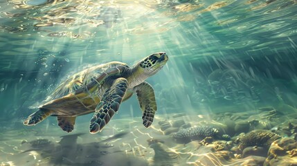 Obraz premium A sea turtle gliding through crystal-clear waters, with sunlight streaming down from the surface.