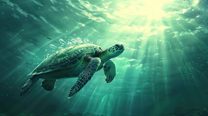 Fototapeta premium A sea turtle gracefully ascending towards the surface, with rays of sunlight penetrating the water.