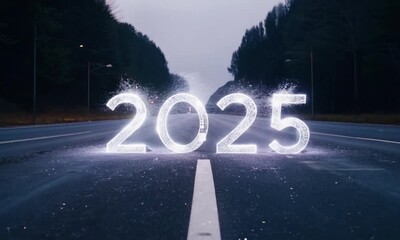 The road has the inscription "2025" on the asphalt, symbolizing the coming New Year. This visual accent, placed on a straight section of road, symbolizes a new beginning and a fresh start.
