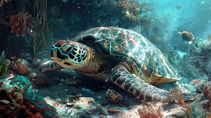 A sea turtle resting on the ocean floor, surrounded by corals and marine life.