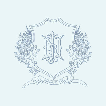 Vintage NJ JN initial monogram with floral wedding crest. Vintage wedding crest monogram.