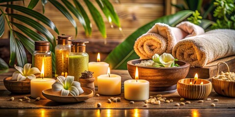 Tranquil Spa Setting with Candles and Tropical Plants, Spa Treatment, Wellness, Relaxation, Aromatherapy