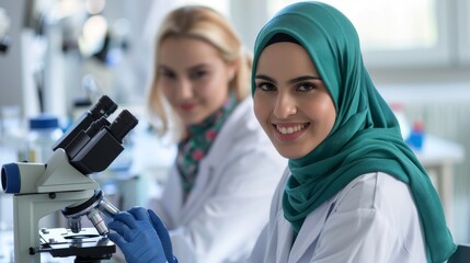 Muslim lady scientist in the laboratory, wearing a green headscarf, white lab coat, and blue gloves, working on clinical studies using microscopes.