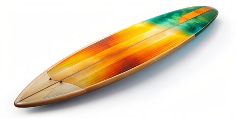Top View of a Wooden Surfboard with Orange, Yellow and Green Color Scheme, 3D Render, Surfboard Design, Surfing, Summer, Beach