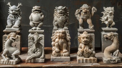 Obraz premium A set of hand-carved stone figurines, each depicting a different mythical creature.