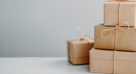 Stacked Brown Gift Boxes With Twine on a Light Surface