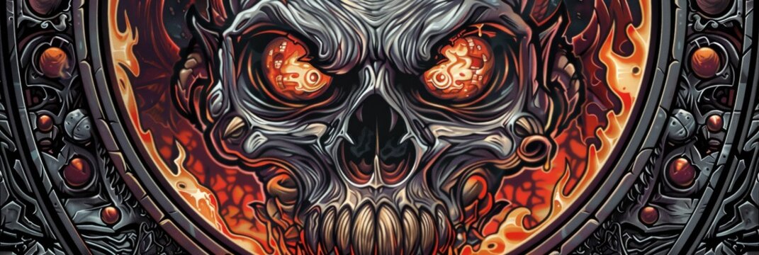 Super detailed full color circular emblem featuring realistic Rat Fink style art of a grim reaper facing straight on with fiery background and distinctive features like snot scars bulging v