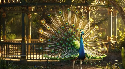 Obraz premium Beautiful peacock displaying its tail feathers in front of a classic gazebo, creating a stunning contrast between the vibrant colors and architectural details