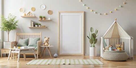 3D Render of a Cozy Nursery with a Wooden Crib, Green Cushions and a Bear Toy, nursery decor, interior design, crib, teddy bear