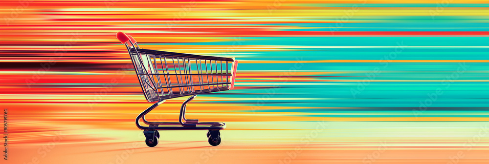 Poster Empty shopping cart is moving fast on a colorful background