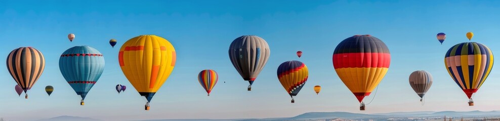 Fototapeta premium Colorful Hot Air Balloons Floating in a Clear Blue Sky at Sunrise