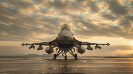 F 16 fighting falcon standing on the runway at sunset