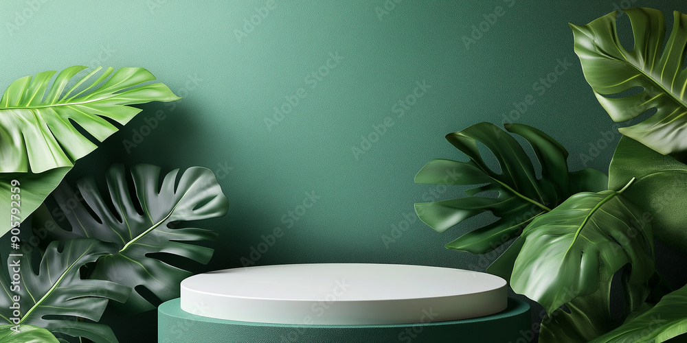 Aufkleber empty white podium displaying on green background with monstera for cosmetic product presentation