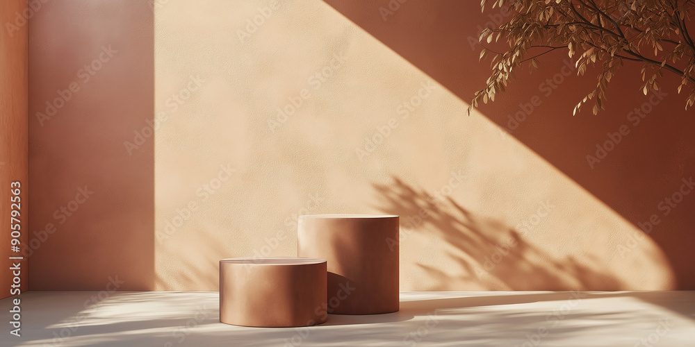 Poster empty minimalistic cylindrical podiums casting shadows in room corner