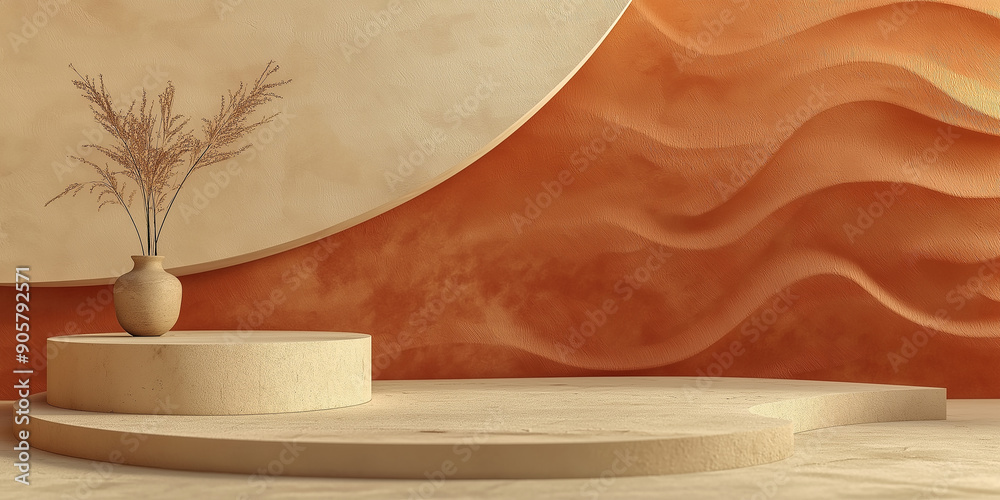 Poster empty minimal podium displaying cosmetic product with pampas grass on sandy background