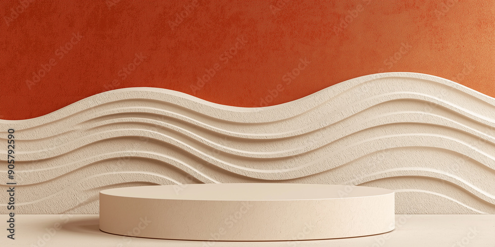 Poster minimal round podium displaying product on abstract wavy background
