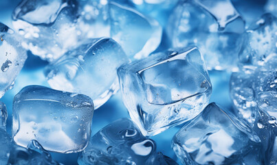 Close-up of ice cubes melting with water droplets background