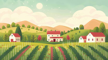 Bright and sunny cartoon farm scene with rows of crops, houses, and rolling hills under a clear sky.