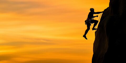 Silhouette of a rock climber climbing a cliff at sunset