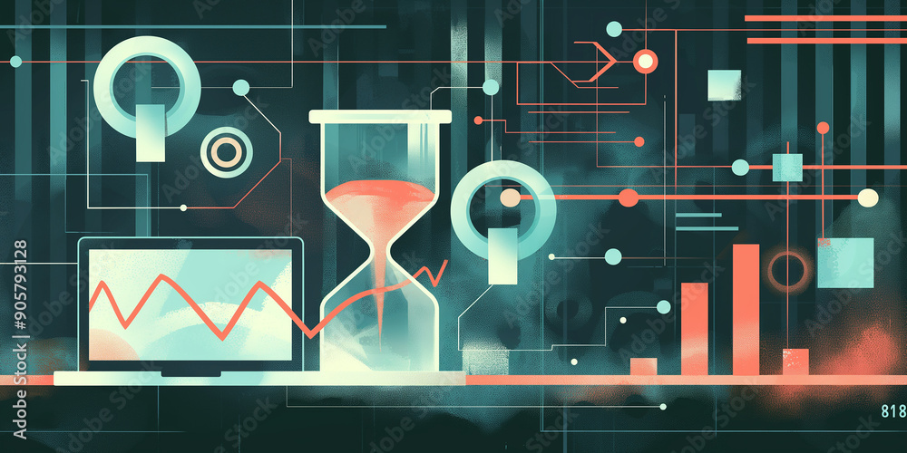 Poster time passing, deadline approaching, hourglass with laptop showing graph and abstract shapes