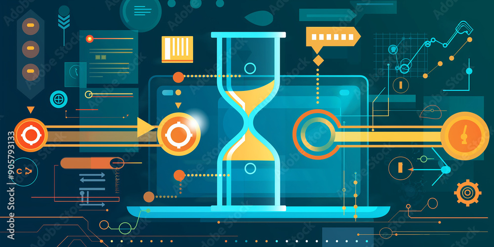 Aufkleber Hourglass measuring time passing by on laptop showing data analysis