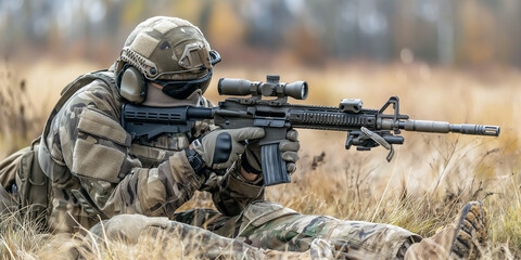 Soldier wearing camouflage aiming with rifle in field