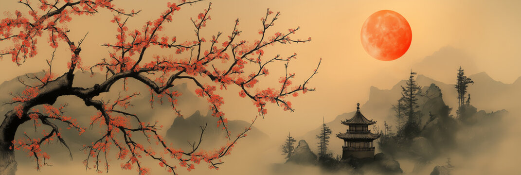 Blooming tree branch extending over misty mountains in asian landscape painting
