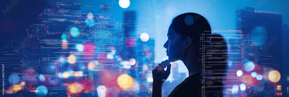 Poster young woman programmer thinking about source code overlooking night city skyline