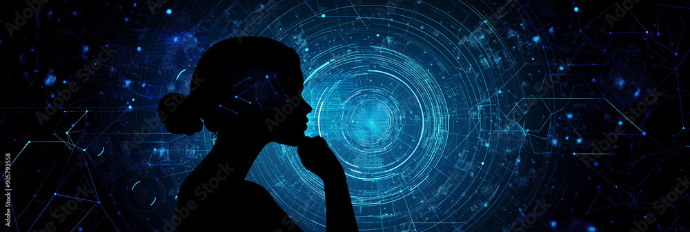 Poster woman silhouette thinking about artificial intelligence and neural networks