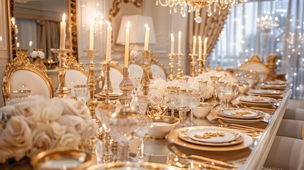 Luxe dining table with a gold and white theme, opulent table settings, and a sparkling chandelier creating an extravagant dining experience