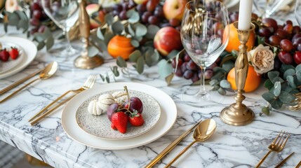 Fototapeta premium Luxe dining table with an extravagant marble surface, gold cutlery, and an opulent arrangement of seasonal fruits and gourmet dishes