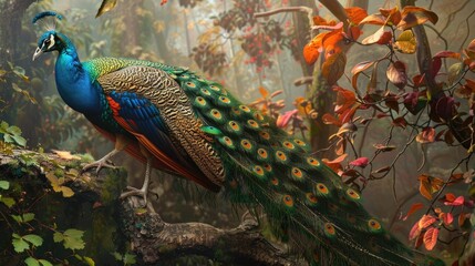 Obraz premium Stunning peacock perched on a tree branch, its elaborate plumage cascading down and blending harmoniously with the surrounding foliage