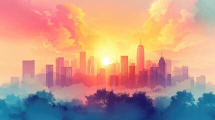 Fototapeta premium Vibrant sunrise over city skyline with dramatic clouds and warm hues, blending urban and natural beauty.