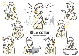 女性工場作業員のイラスト素材セット