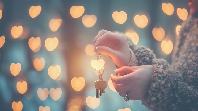 A woman holds a glowing heart-shaped keychain against a backdrop of heart-shaped lights. The scene appears to be in the evening, exuding a warm and romantic atmosphere. She wears a cozy sweater.